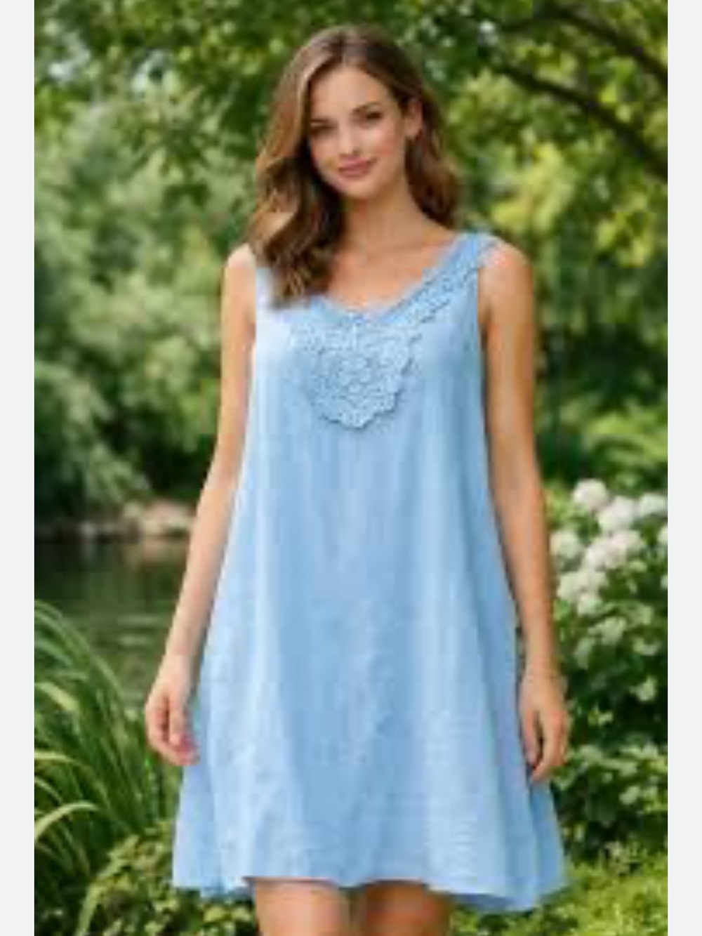 Blue Sleeveless V-Neck Linen Dress with Floral Crochet at neckline S/M
